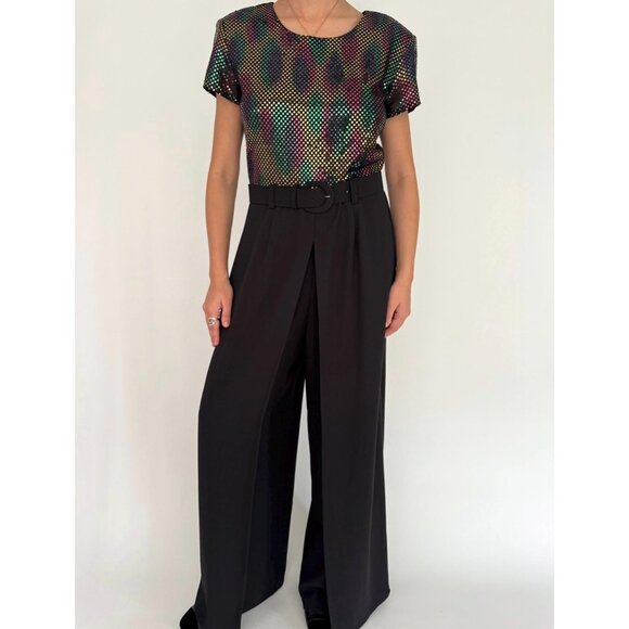 90s vintage black rainbow sequin dressy disco wide leg palazzo pant jumpsuit - Picture 1 of 10